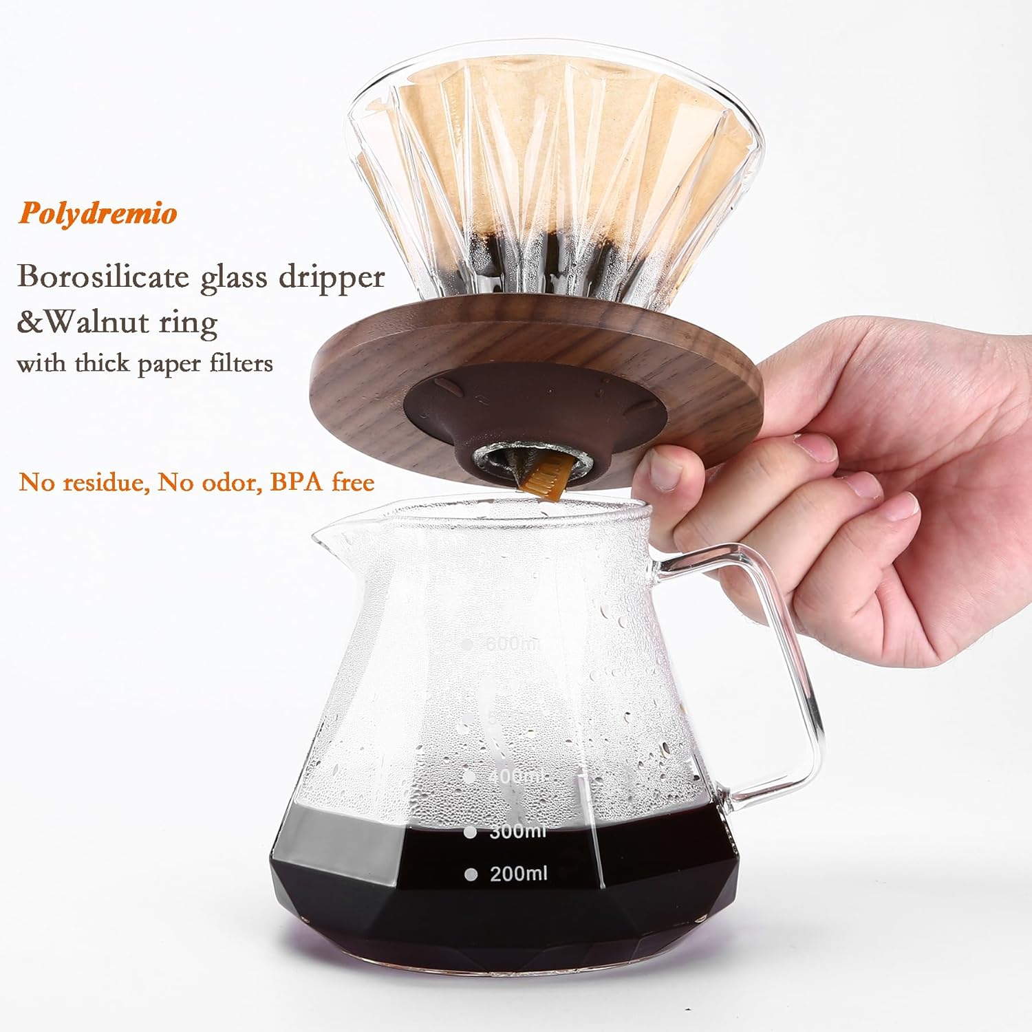 Pour Over Coffee Maker, 20 oz Borosilicate Glass Carafe with 100 pcs Size 02 Paper Filter, Walnut Handle & Glass Lid,... - Image 4