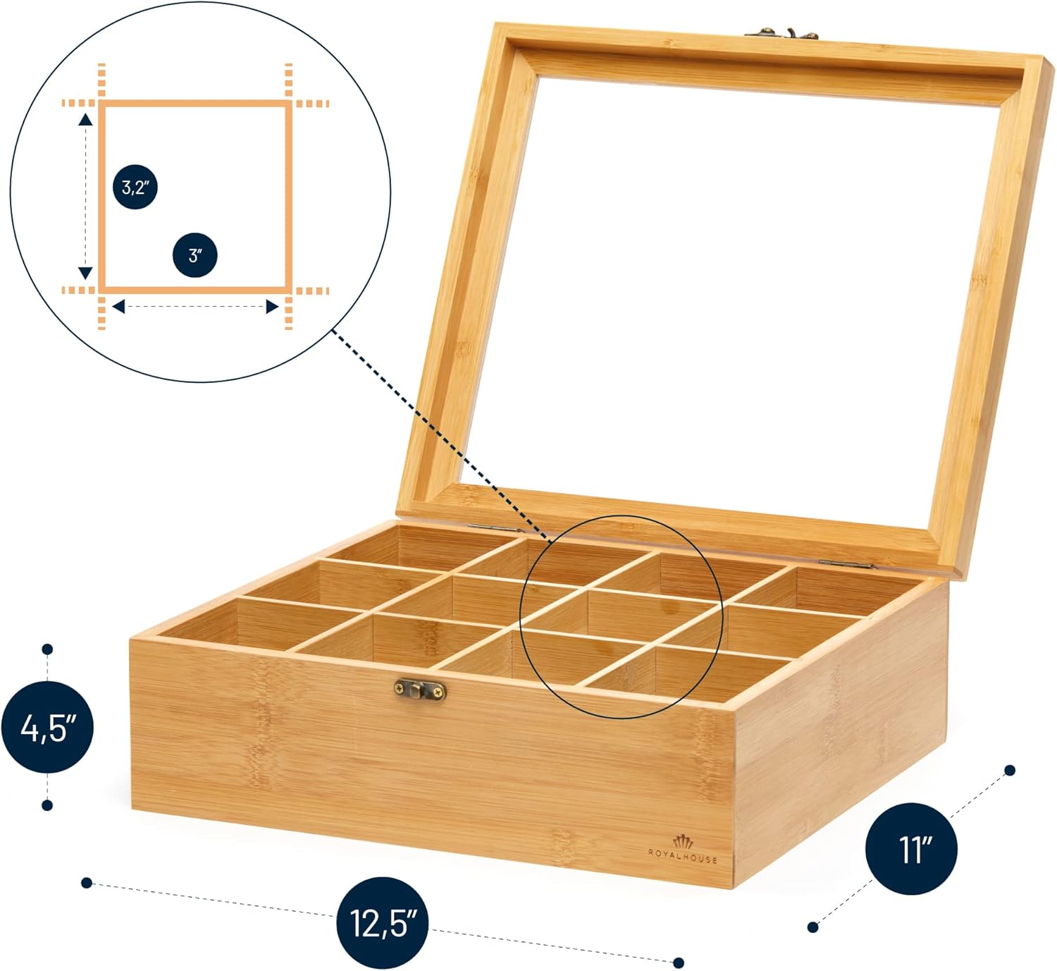 RoyalHouse Big Natural Bamboo Tea Storage Organizer with Clear Acrylic Top Window, 12 Compartments Eco-Friendly Tea B... - Image 3
