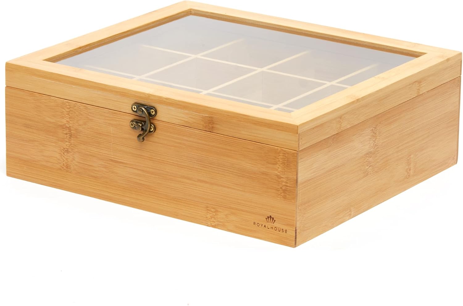 RoyalHouse Big Natural Bamboo Tea Storage Organizer with Clear Acrylic Top Window, 12 Compartments Eco-Friendly Tea B... - Image 4