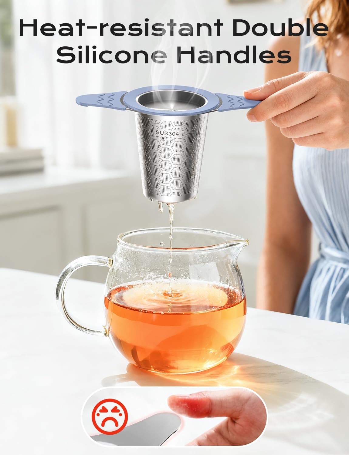Tea Infuser for Loose Leaf Tea,Stainless Steel Tea Infuser with Heat Proof Silicone Handles,Extra Fine Mesh Tea Strai... - Image 4