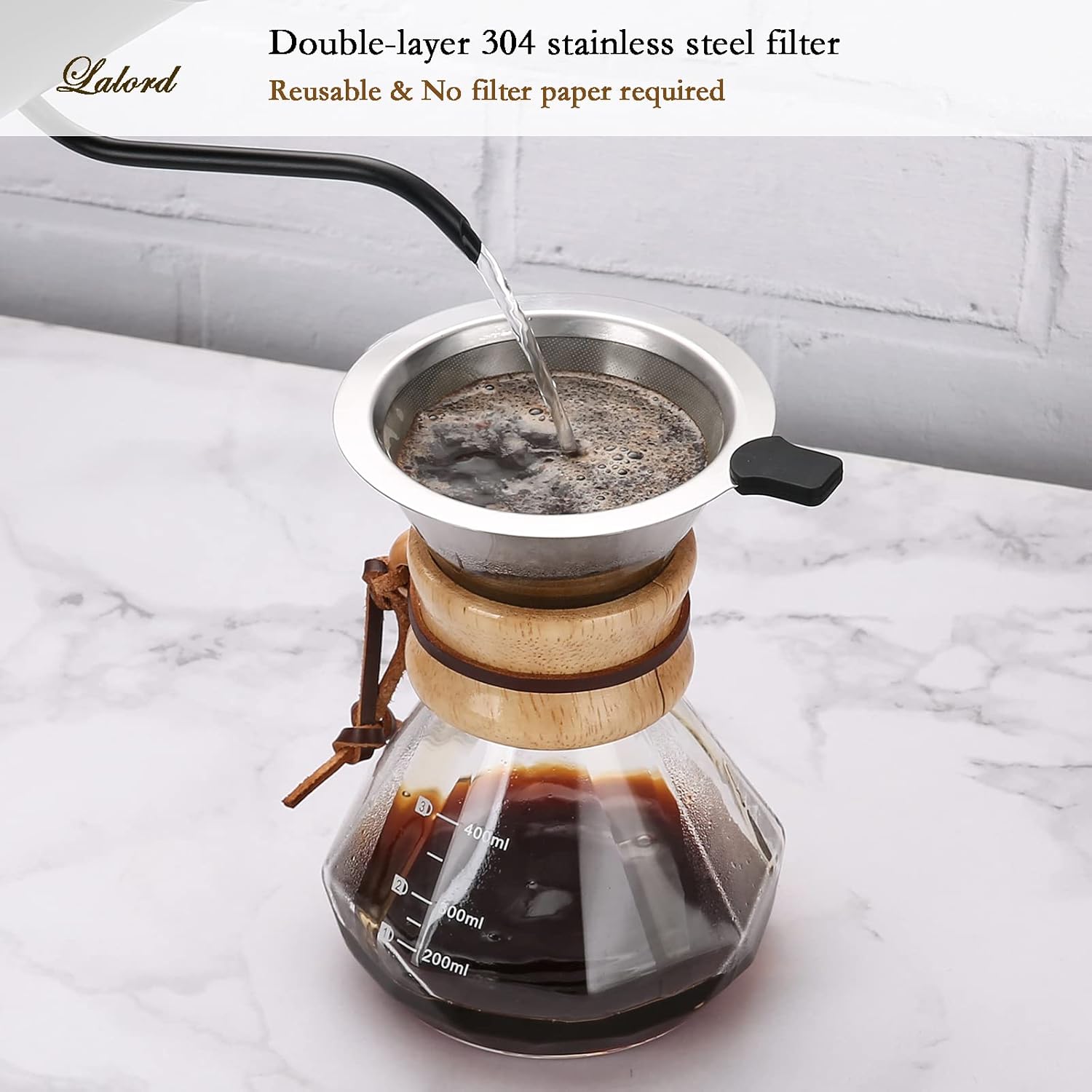 Pour Over Coffee Maker with Stainless Steel Filter, Borosilicate Glass Coffee Carafe, Modern Wooden Collar, Coffee Ma... - Image 3