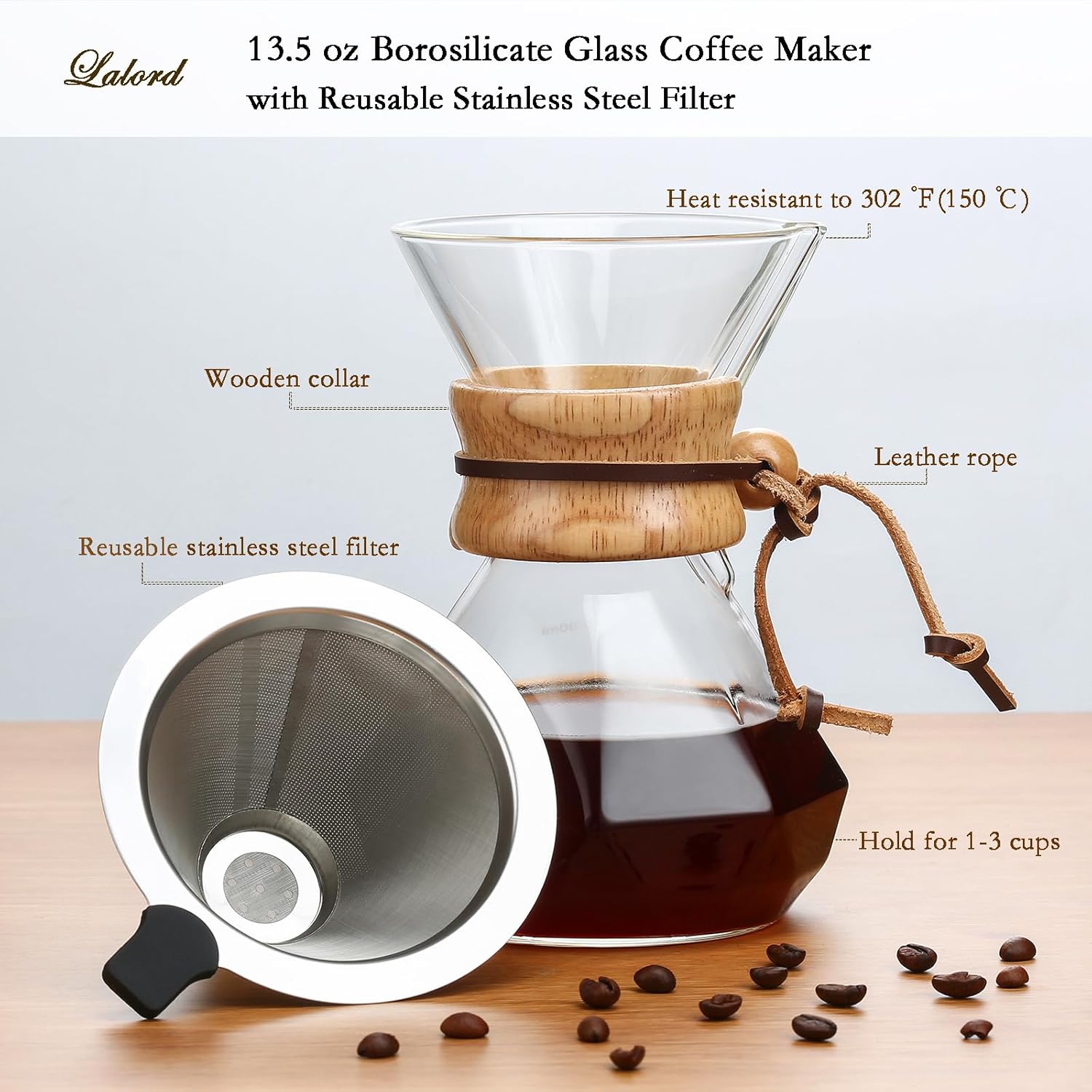Pour Over Coffee Maker with Stainless Steel Filter, Borosilicate Glass Coffee Carafe, Modern Wooden Collar, Coffee Ma... - Image 2