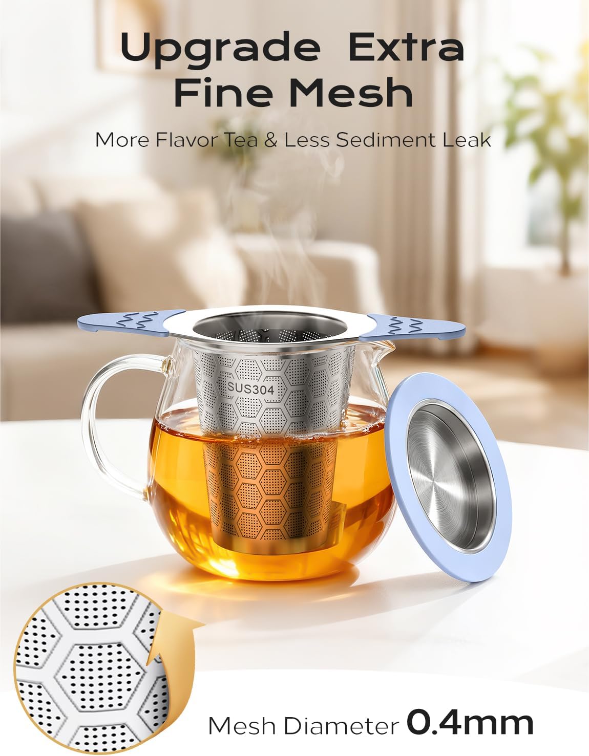 Tea Infuser for Loose Leaf Tea,Stainless Steel Tea Infuser with Heat Proof Silicone Handles,Extra Fine Mesh Tea Strai... - Image 3