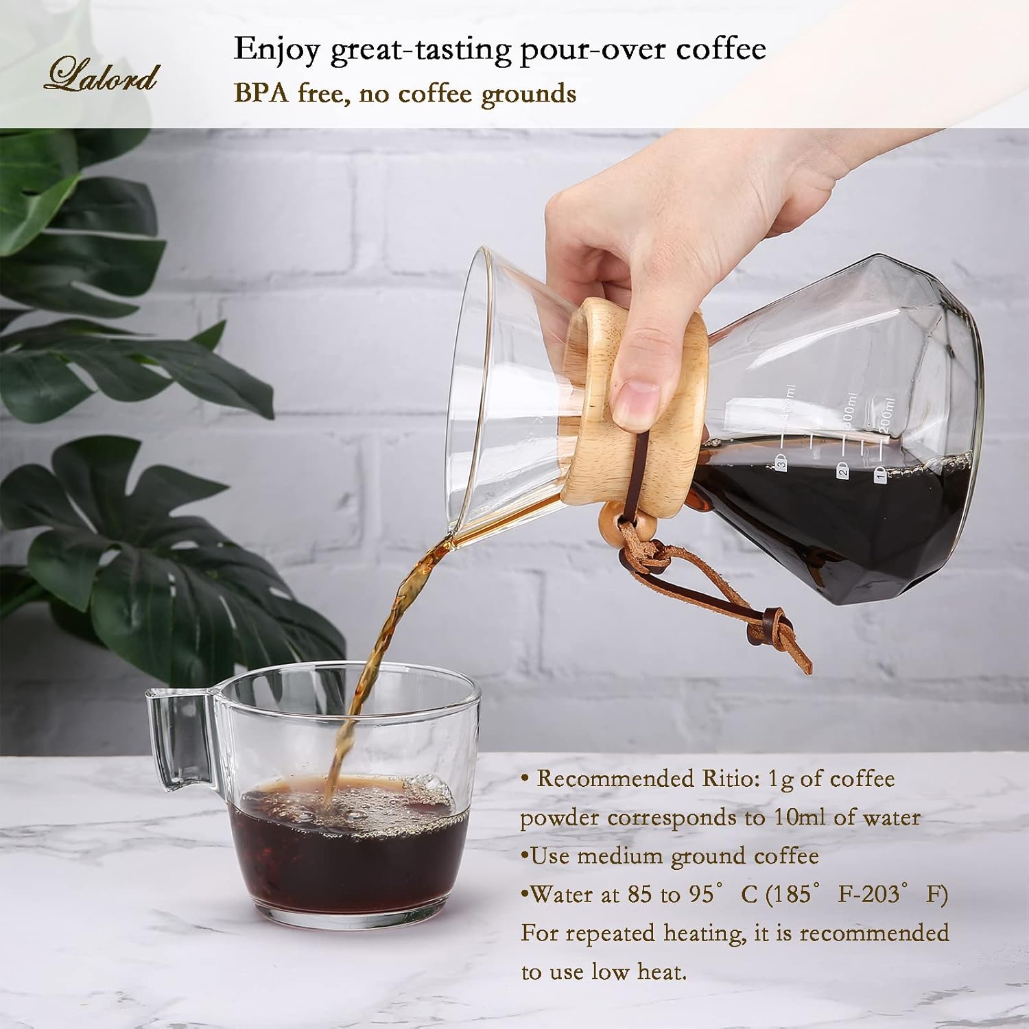 Pour Over Coffee Maker with Stainless Steel Filter, Borosilicate Glass Coffee Carafe, Modern Wooden Collar, Coffee Ma... - Image 4