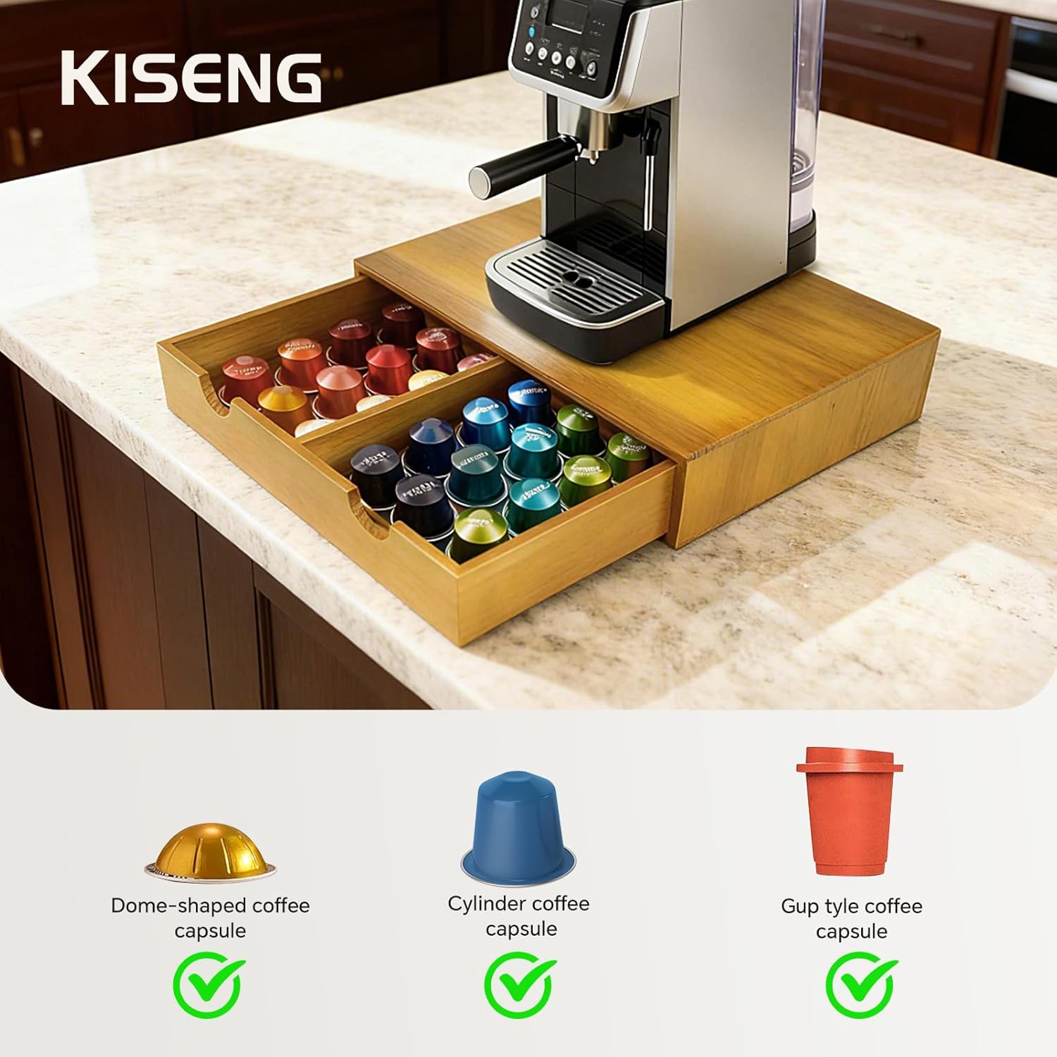 Coffee Pod 15" X 11" X 3" Natural Wood Countertop Organizer Drawer, Counter Top Espresso Tea Bag Station Storage Hold... - Image 4