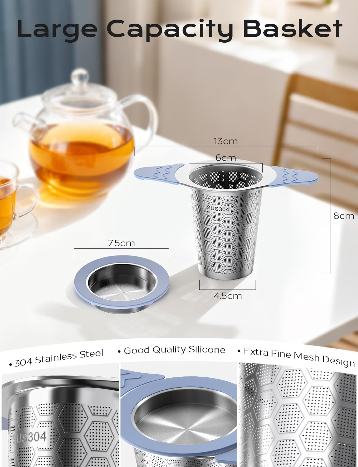 Tea Infuser for Loose Leaf Tea,Stainless Steel Tea Infuser with Heat Proof Silicone Handles,Extra Fine Mesh Tea Strai... - Image 2