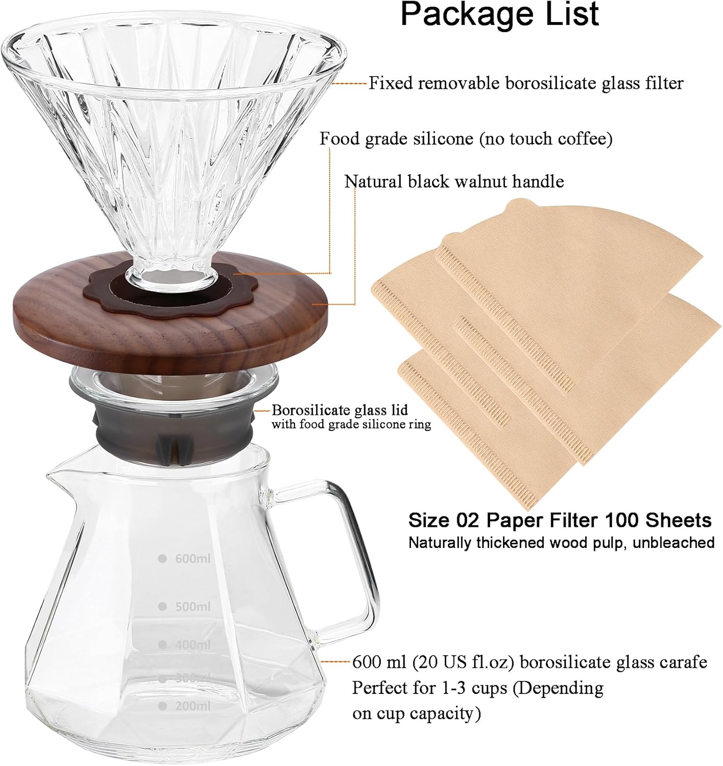 Pour Over Coffee Maker, 20 oz Borosilicate Glass Carafe with 100 pcs Size 02 Paper Filter, Walnut Handle & Glass Lid,... - Image 3