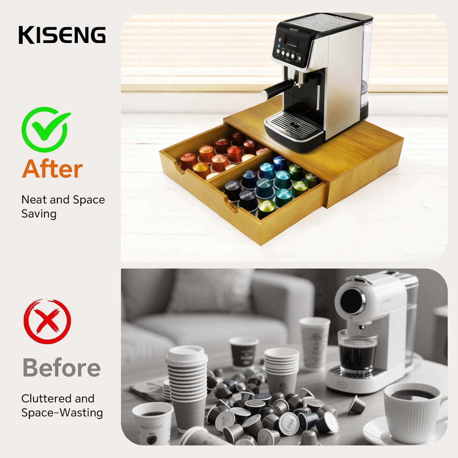 Coffee Pod 15" X 11" X 3" Natural Wood Countertop Organizer Drawer, Counter Top Espresso Tea Bag Station Storage Hold... - Image 5