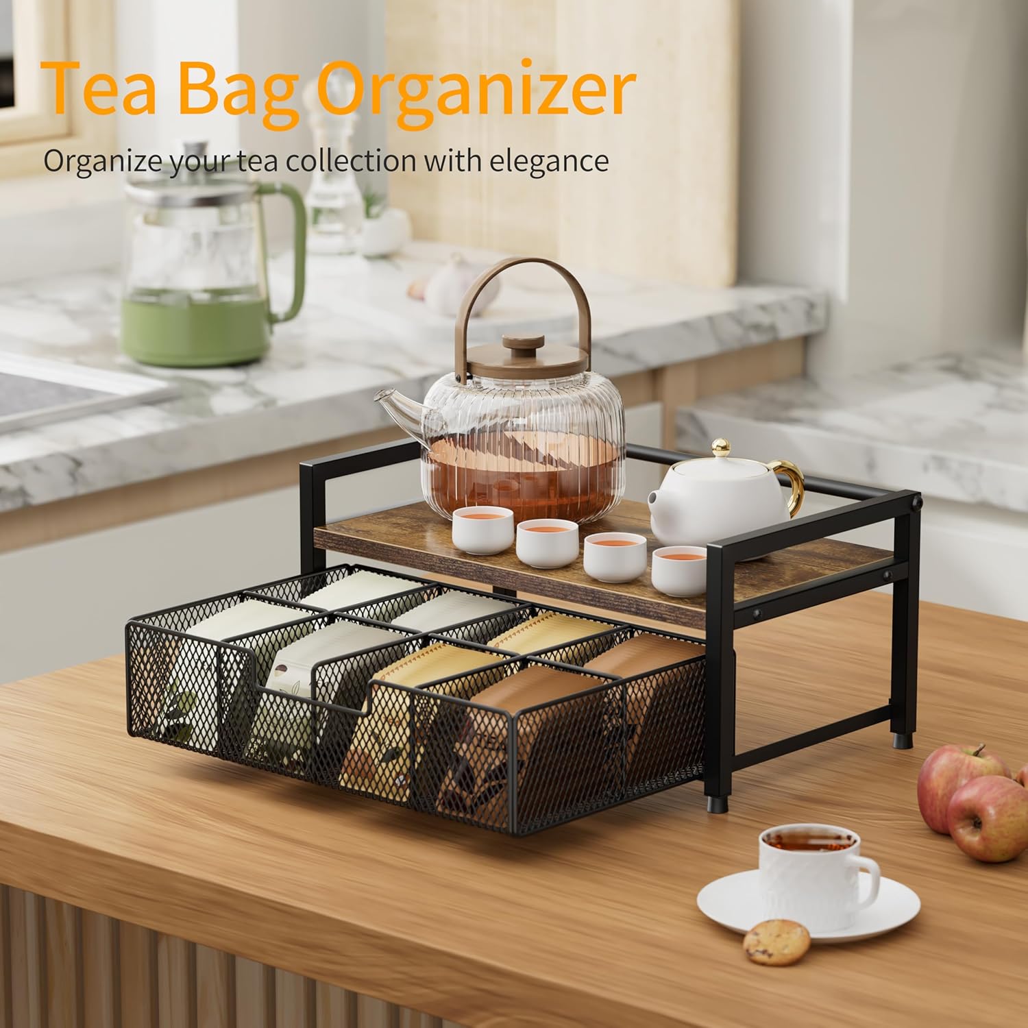 Tea Bag Organizer, Tea Bag Holder with Drawer, Wood and Metal Tea Organizers and Storage Chest for Countertop Kitchen... - Image 3