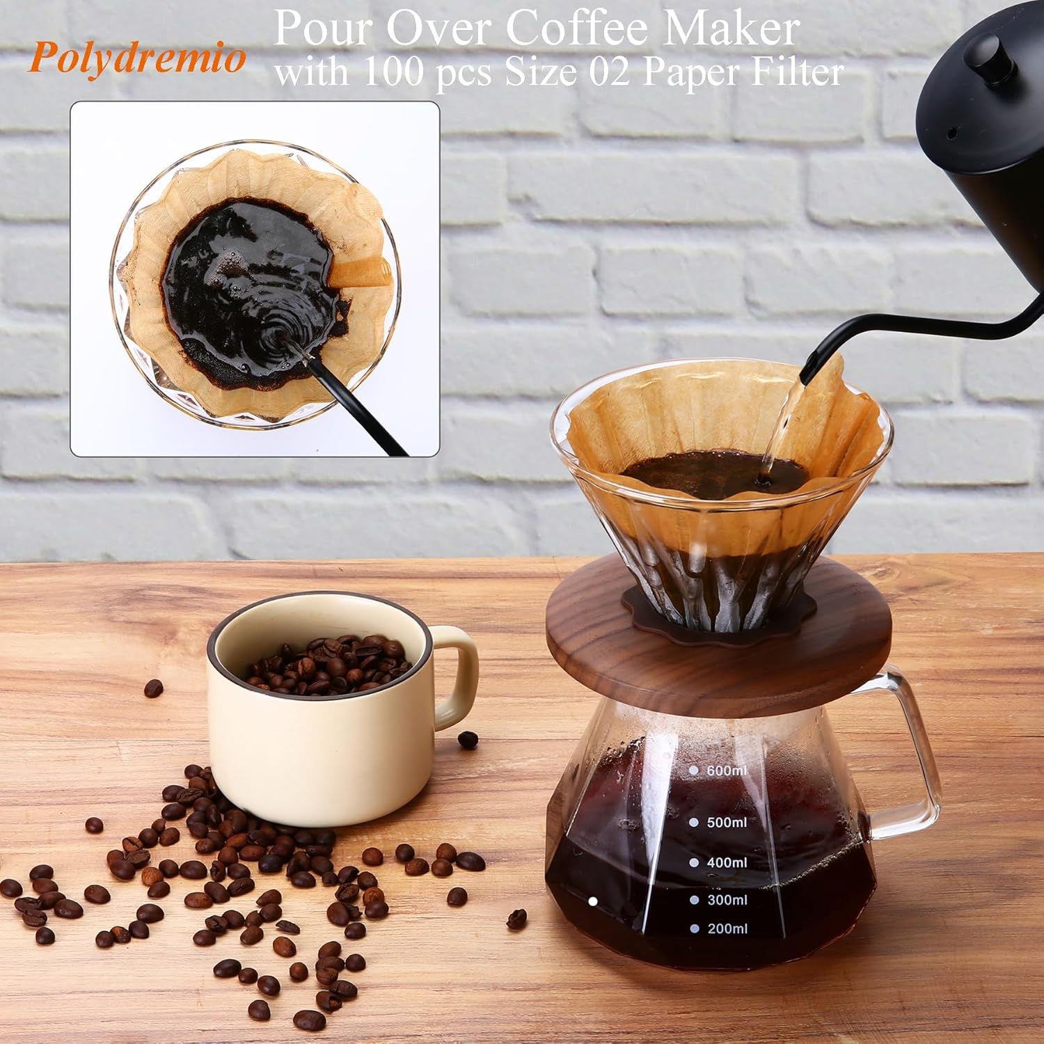 Pour Over Coffee Maker, 20 oz Borosilicate Glass Carafe with 100 pcs Size 02 Paper Filter, Walnut Handle & Glass Lid,... - Image 2