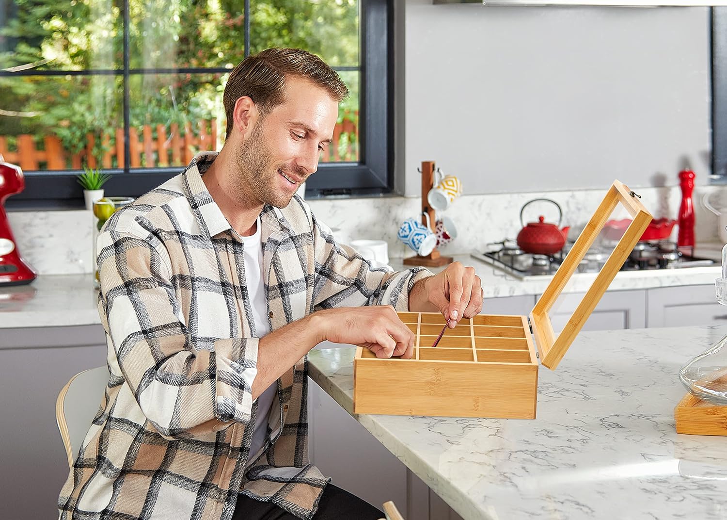 RoyalHouse Big Natural Bamboo Tea Storage Organizer with Clear Acrylic Top Window, 12 Compartments Eco-Friendly Tea B... - Image 5