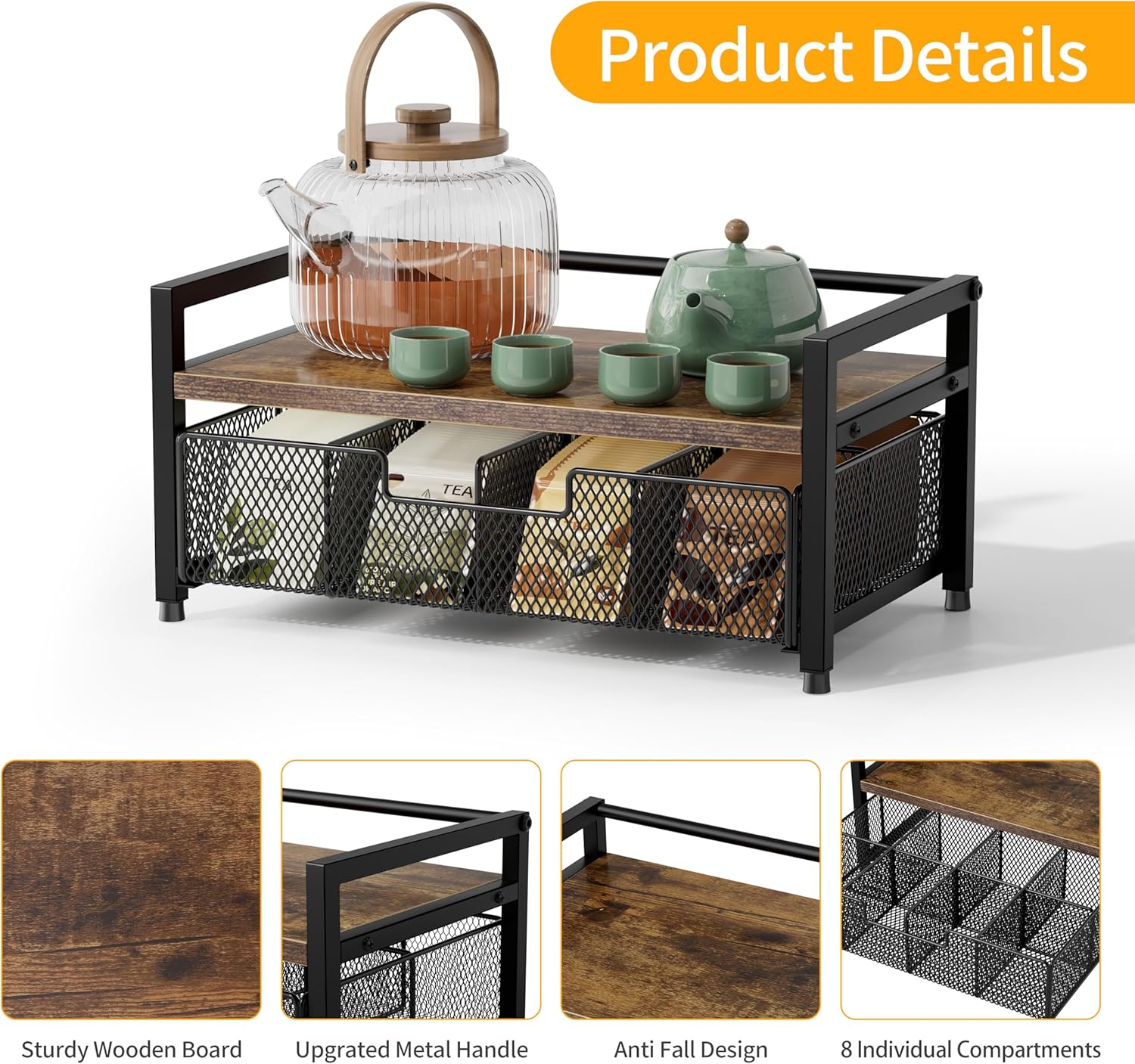 Tea Bag Organizer, Tea Bag Holder with Drawer, Wood and Metal Tea Organizers and Storage Chest for Countertop Kitchen... - Image 2