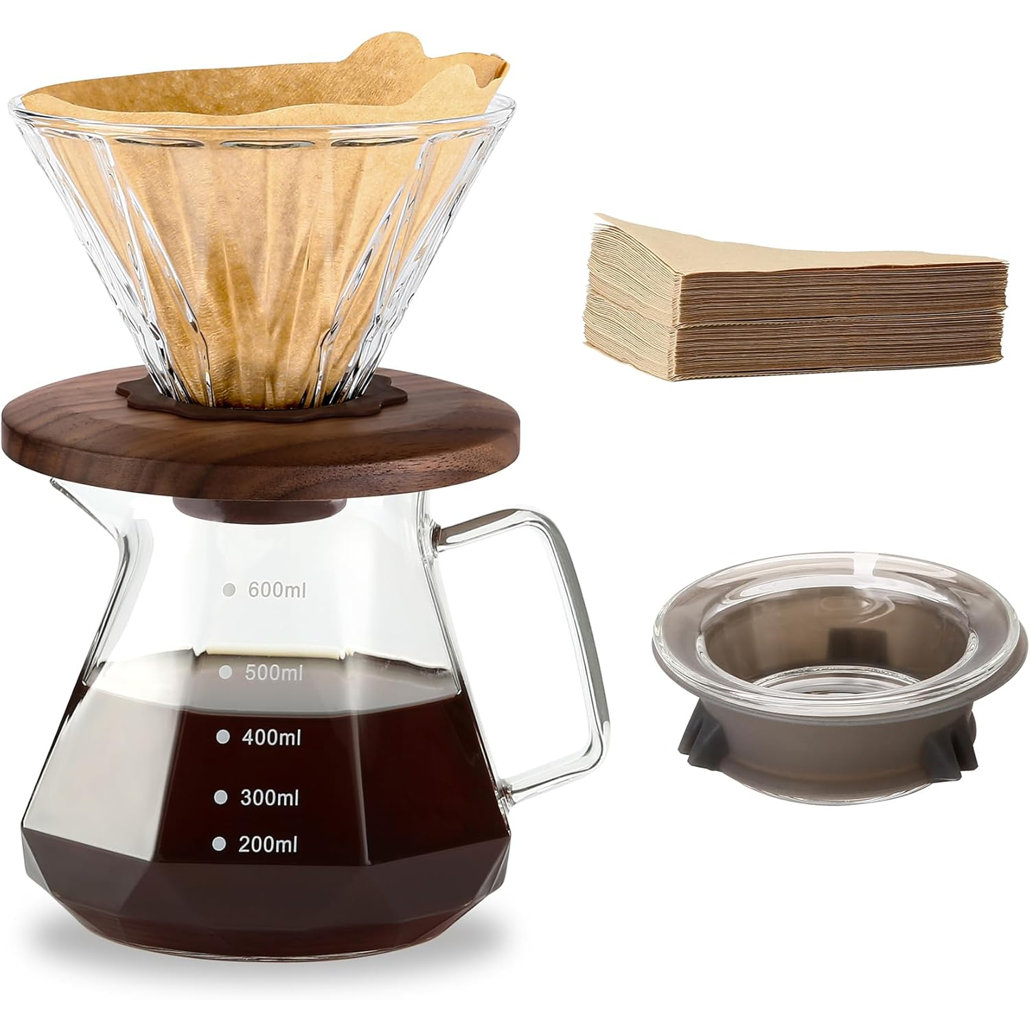 Pour Over Coffee Maker, 20 oz Borosilicate Glass Carafe with 100 pcs Size 02 Paper Filter, Walnut Handle & Glass Lid,...