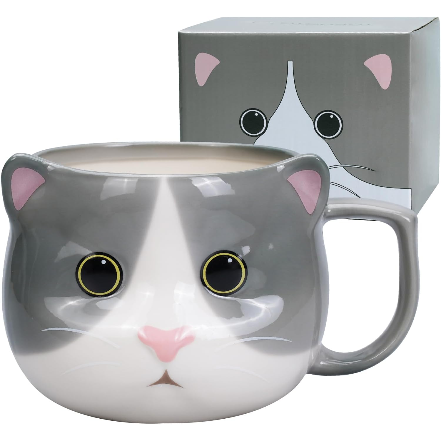 Cat Mug 14 oz Cute Ceramic 3D Porcelain Tea Cup for Women, Kawaii Gifts for Cat Lovers, Christmas, Housewarming, Holi...