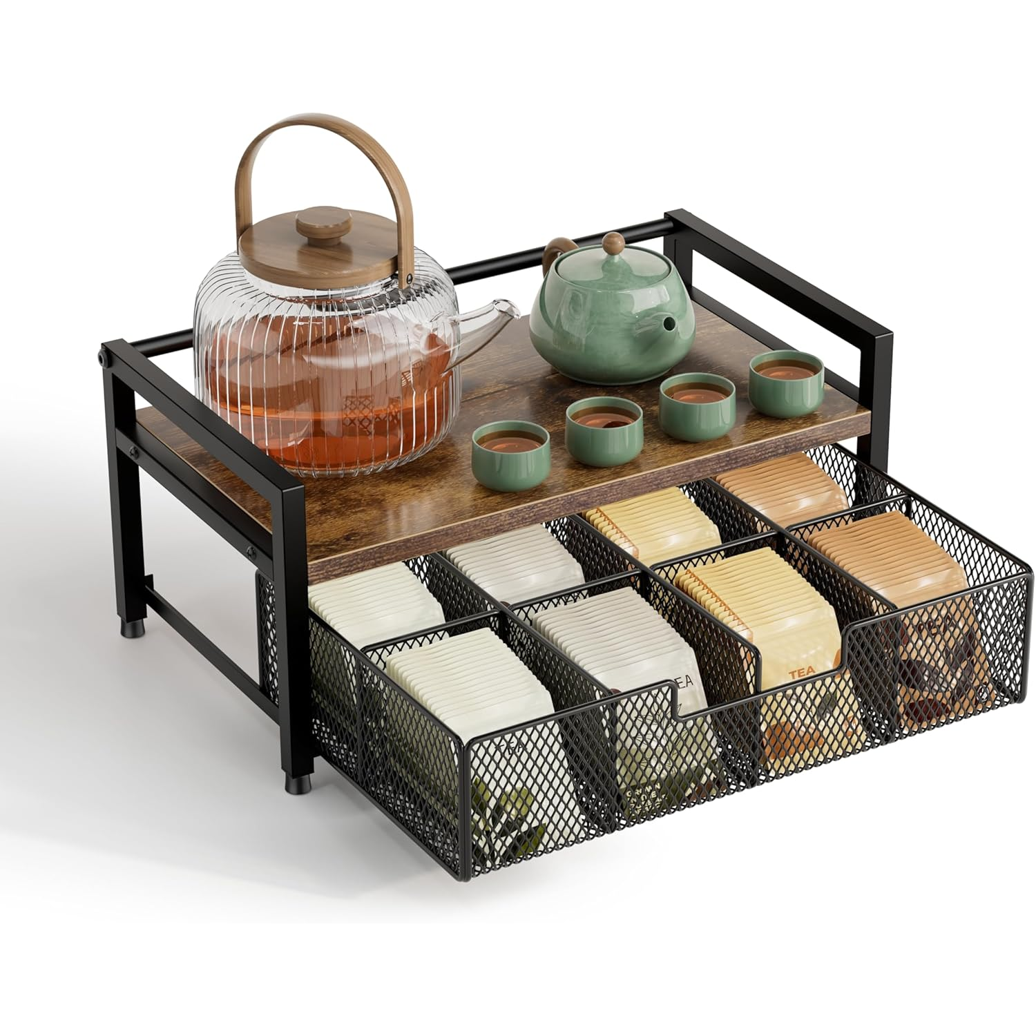 Tea Bag Organizer, Tea Bag Holder with Drawer, Wood and Metal Tea Organizers and Storage Chest for Countertop Kitchen...