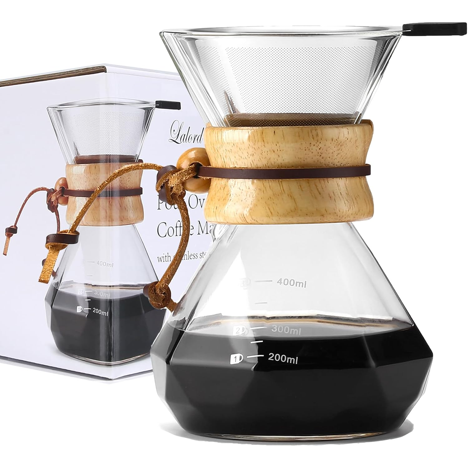 Pour Over Coffee Maker with Stainless Steel Filter, Borosilicate Glass Coffee Carafe, Modern Wooden Collar, Coffee Ma...